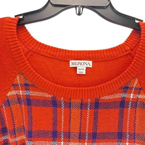 Merona Plaid Front Pullover Sweater Womens XXL Red Orange Long Sleeve Knit Top - Picture 2 of 6